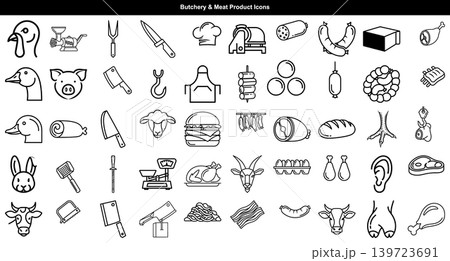 Butchery and meat product icons in simple line art style for food industry branding projects 139723691