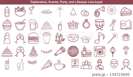 Celebration and party line icons for event planning featuring festive symbols and social gathering concepts Celebration and party line icons for event planning featuring festive symbols and social gathering concepts 139723695