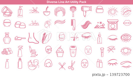 Collection of beauty and spa salon line art icons for skincare and facial wellness services 139723700
