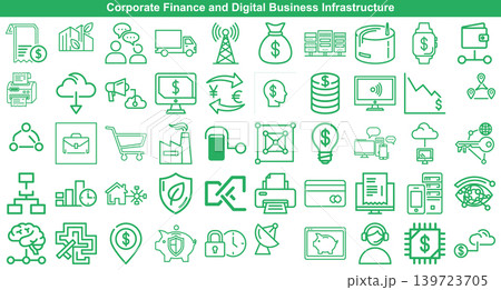 Collection of corporate finance and digital business infrastructure outline icons for modern financial reporting systems 139723705