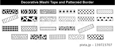 Collection of decorative washi tape and repeating patterned borders with various simple artistic design motifs Collection of decorative washi tape and repeating patterned borders with various simple artistic design motifs 139723707