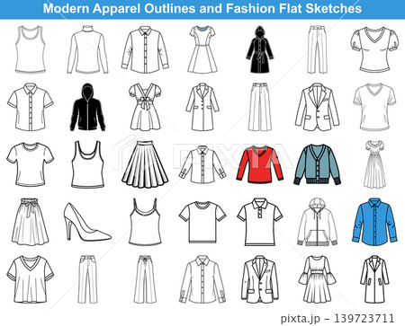Collection of fashion apparel flat sketches and clothing outlines for design and textile industry projects Collection of fashion apparel flat sketches and clothing outlines for design and textile industry projects 139723711