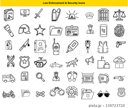 Collection of law enforcement and security icons featuring police gear badge handcuffs and forensic evidence symbols 139723720