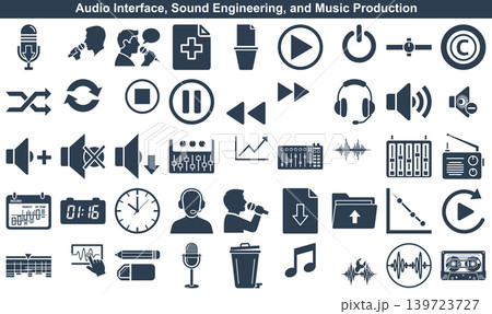 Collection of professional audio interface and music production interface icons for sound engineering digital projects Collection of professional audio interface and music production interface icons for sound engineering digital projects 139723727