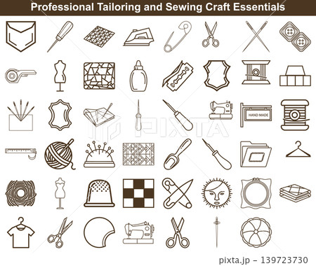 Collection of sewing tools and embroidery craft accessories for fashion studios in minimal line style 139723730