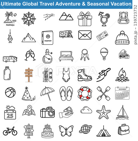 Collection of travel and vacation icons representing holidays and seasonal getaways with various symbols for adventure 139723732