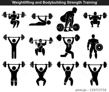Collection of weightlifting and bodybuilding strength training silhouette icons representing various exercises and poses Collection of weightlifting and bodybuilding strength training silhouette icons representing various exercises and poses 139723738