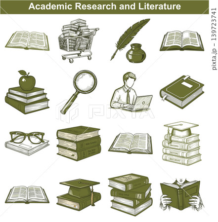 Comprehensive collection of academic research and literature icons illustrating books library learning and intellectual creative writing tools 139723741