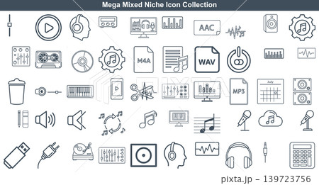 Comprehensive collection of music and media line icons for digital production and creative interface design projects Comprehensive collection of music and media line icons for digital production and creative interface design projects 139723756