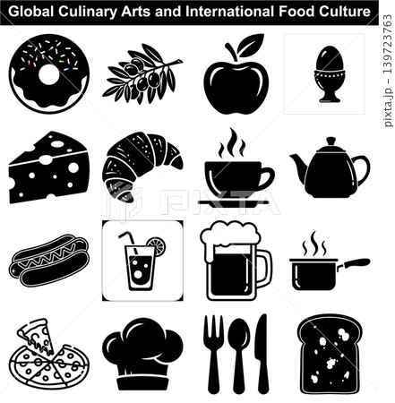 Comprehensive culinary icons collection featuring food and restaurant service elements in minimalist vector icon style Comprehensive culinary icons collection featuring food and restaurant service elements in minimalist vector icon style 139723763