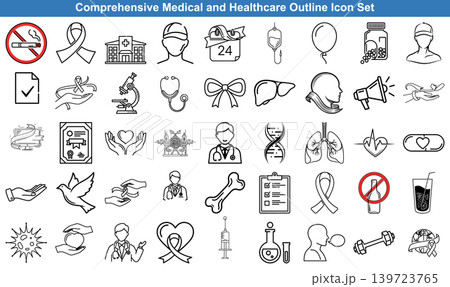 Comprehensive medical and healthcare outline icon set for hospital equipment and clinical research and diagnostic services Comprehensive medical and healthcare outline icon set for hospital equipment and clinical research and diagnostic services 139723765