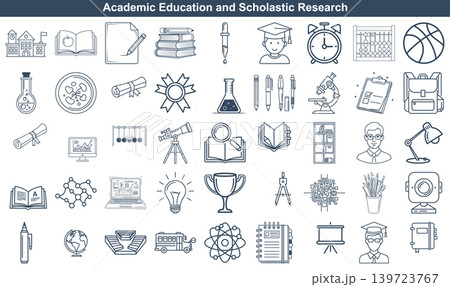 Comprehensive set of academic education and scholastic research outline icons for learning and science projects Comprehensive set of academic education and scholastic research outline icons for learning and science projects 139723767
