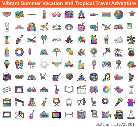 Extensive bundle of vibrant summer vacation and tropical travel adventure icons for holiday design projects Extensive bundle of vibrant summer vacation and tropical travel adventure icons for holiday design projects 139723801