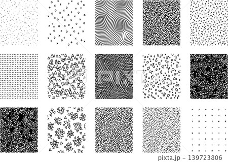 Fifteen monochrome patterns featuring diverse small shapes like dots, triangles, and dashes in a grid Fifteen monochrome patterns featuring diverse small shapes like dots, triangles, and dashes in a grid 139723806