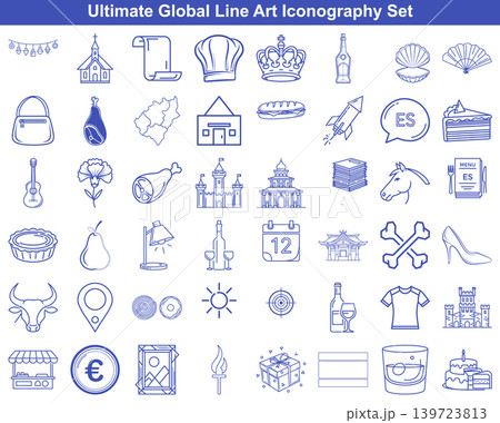 Global travel and lifestyle line art icon set featuring architectural landmarks and cultural symbols Global travel and lifestyle line art icon set featuring architectural landmarks and cultural symbols 139723813