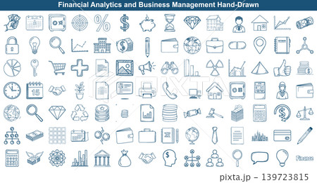 Hand drawn business and finance icons collection for financial analytics and management concepts represented in a clean sketch style 139723815