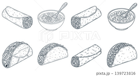 Hand drawn outline set of traditional Mexican food items featuring burritos tacos and a bowl of beans illustration Hand drawn outline set of traditional Mexican food items featuring burritos tacos and a bowl of beans illustration 139723816
