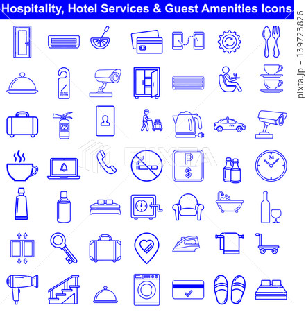 Hospitality and hotel services line icon set featuring essential amenities for guest experience and travel Hospitality and hotel services line icon set featuring essential amenities for guest experience and travel 139723826