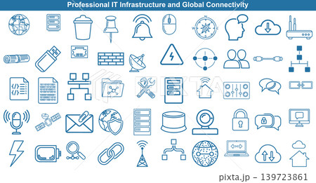 Professional information technology infrastructure icons featuring global connectivity and networking components for digital business system design 139723861