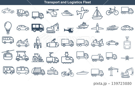 Set of assorted transport and logistics vehicle icons in simple outline style for professional design projects 139723880
