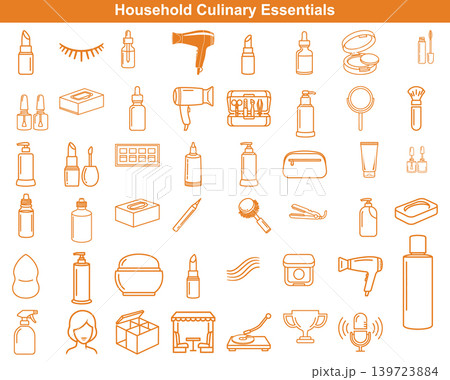 Set of beauty and personal care outline icons featuring skincare tools and salon equipment for professionals 139723884