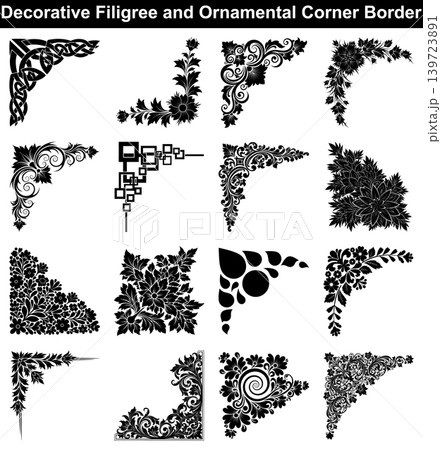 Set of decorative filigree and ornamental corner border frames for elegant book page layout design Set of decorative filigree and ornamental corner border frames for elegant book page layout design 139723891