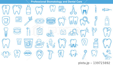 Set of dental and stomatology line art icons for oral health and dental clinic services Set of dental and stomatology line art icons for oral health and dental clinic services 139723892