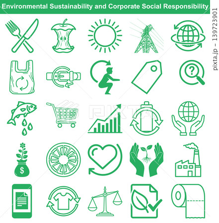 Set of environmental sustainability icons featuring symbols for corporate social responsibility and green living concepts Set of environmental sustainability icons featuring symbols for corporate social responsibility and green living concepts 139723901