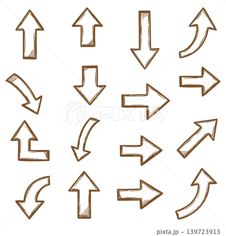Set of hand drawn sketch arrows pointing in various directions for directional guidance and design elements Set of hand drawn sketch arrows pointing in various directions for directional guidance and design elements 139723913