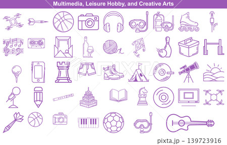 Set of leisure and hobby outline icons featuring musical instruments sports equipment and creative tools Set of leisure and hobby outline icons featuring musical instruments sports equipment and creative tools 139723916