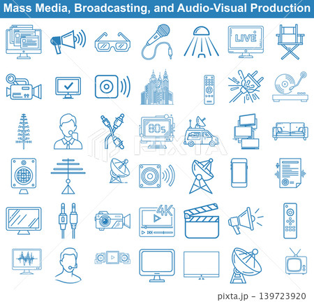 Set of mass media broadcasting and audiovisual production line icons for digital communication and technology 139723920