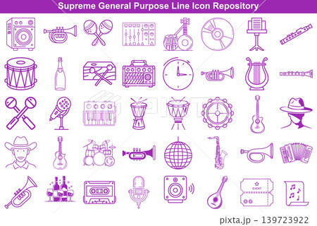 Set of musical instrument line icons featuring guitars drums and trumpets for creative audio projects Set of musical instrument line icons featuring guitars drums and trumpets for creative audio projects 139723922