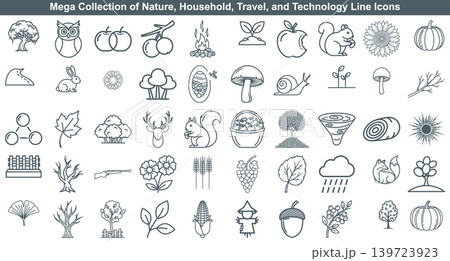 Set of natural line art vector icons featuring flora fauna woodland creatures and garden elements Set of natural line art vector icons featuring flora fauna woodland creatures and garden elements 139723923