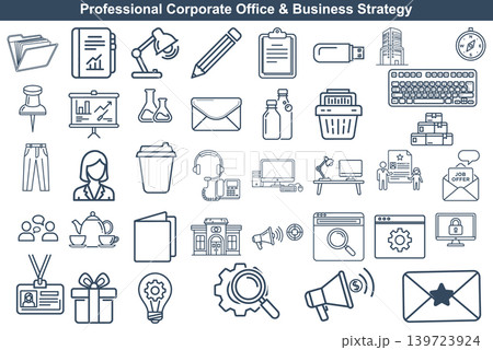 Set of office and business strategy line icons for professional corporate communication and management workflows Set of office and business strategy line icons for professional corporate communication and management workflows 139723924