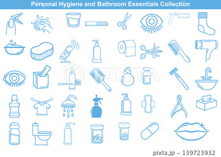 Set of personal hygiene and bathroom equipment icons in thin line art style for bathroom Set of personal hygiene and bathroom equipment icons in thin line art style for bathroom 139723932