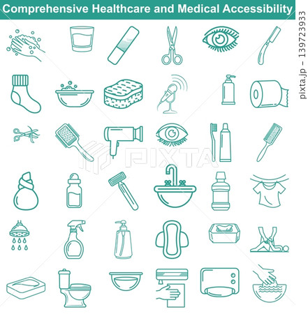 Set of personal hygiene and daily body care icons in clean line art style for bathroom Set of personal hygiene and daily body care icons in clean line art style for bathroom 139723933