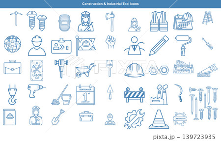 Set of professional construction and industrial tool line icons for building trade and architecture projects 139723935