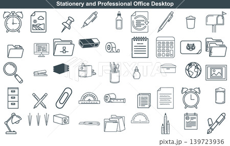 Set of professional office supply icons featuring stationery elements for business productivity and desk organization purposes 139723936