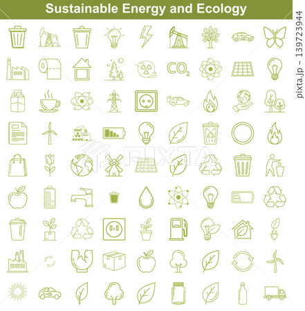 Set of sustainable energy and ecology line art icons depicting environmental concepts and industry elements 139723944