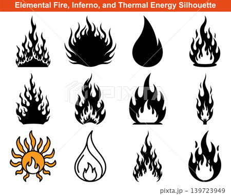 Set of various burning flame icons in silhouette style for creative design and graphic projects Set of various burning flame icons in silhouette style for creative design and graphic projects 139723949