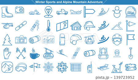 Set of winter sports and alpine mountain icons in thin line art style for travel 139723952