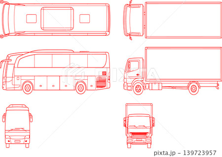 Technical blueprint style line drawings of a tour bus and box truck from multiple perspectives 139723957