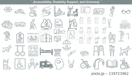 Universal accessibility and disability support line icons for inclusive design and medical healthcare information systems 139723962