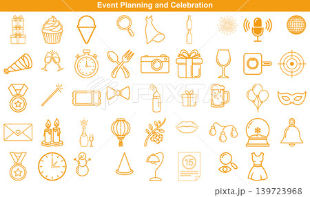 Vector set of party and event planning icons featuring festive celebration elements and objects Vector set of party and event planning icons featuring festive celebration elements and objects 139723968