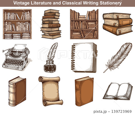 Vintage library shelves filled with antique books, a classic typewriter, and quill pen with inkwell for literature themes Vintage library shelves filled with antique books, a classic typewriter, and quill pen with inkwell for literature themes 139723969