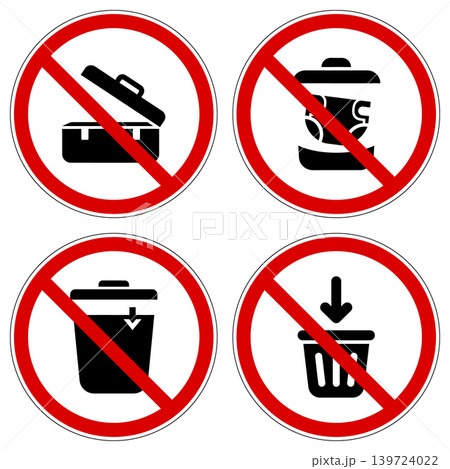 A collection of round red warning signs prohibiting littering or improper disposal of personal items 139724022