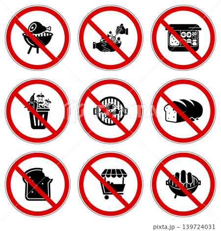 Collection of nine prohibition signs illustrating various food preparation, consumption, and market activities that are forbidden 139724031