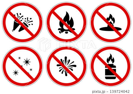 Important collection of prohibition signs indicating no fire, sparks, or igniting objects in designated safety controlled zones Important collection of prohibition signs indicating no fire, sparks, or igniting objects in designated safety controlled zones 139724042
