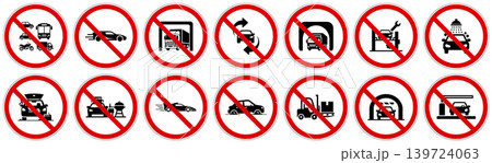 Various prohibition signs for vehicle types and restricted activities like washing or grilling outdoors Various prohibition signs for vehicle types and restricted activities like washing or grilling outdoors 139724063