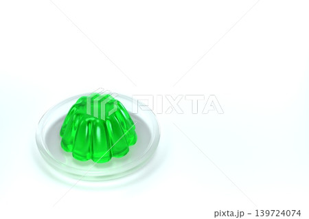 透明な皿に乗った緑のゼリー 斜め上から 白背景 3Dレンダリング 透明な皿に乗った緑のゼリー 斜め上から 白背景 3Dレンダリング 139724074